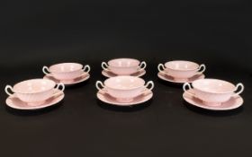 Minton China A Set Of Six Soup Bowls Unusual fluted design in shell pink with twin ivory handles