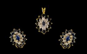 9ct Gold And Gemset Pendant And Earrings Suite Each of oval flowerhead design,