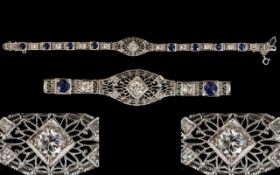 14ct Diamond Sapphire And White Gold Bracelet Art Deco Style bracelet set with central round