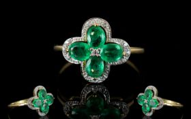 Emerald and White Zircon Quatrefoil Ring, four oval cut emeralds, totalling 1.2cts, in a