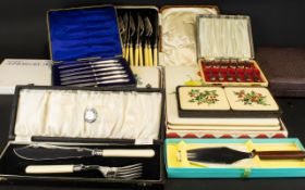 A Collection Of Flatware And Cutlery including boxed fish forks, silver handled butter knives,