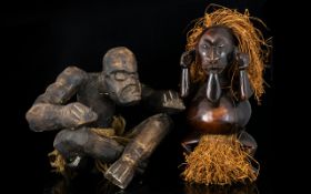 Two Carved Wood Hessian And Coir Figures - Naive Tribal Figures, Each With Aged Patina.