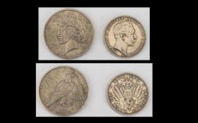 United States Liberty Head / Peace Silver One Dollar Date 1923 Together with a Wilhelm II 3