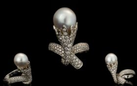 RCM Gioielli Italian Designer 18ct White Gold Diamond And Pearl Set Statement Ring In the form of