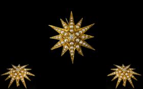 Antique - 18ct Gold Starburst Diamond and Pearl Brooch of Pleasing Form.