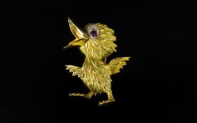 Designer 18ct Gold Ruby And Diamond Set Brooch In The Form Of A Stylised Chick 'Hallmarked 18k, HB