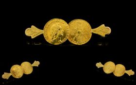 George I 22ct Gold Quarter Guinea Brooch Antique brooch comprising two high carat coins mounted