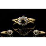 Ladies 9ct Gold Sapphire and Diamond Set Cluster Ring, Flower head Design,