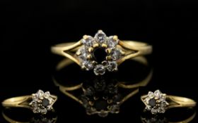 Ladies 9ct Gold Sapphire and Diamond Set Cluster Ring, Flower head Design,