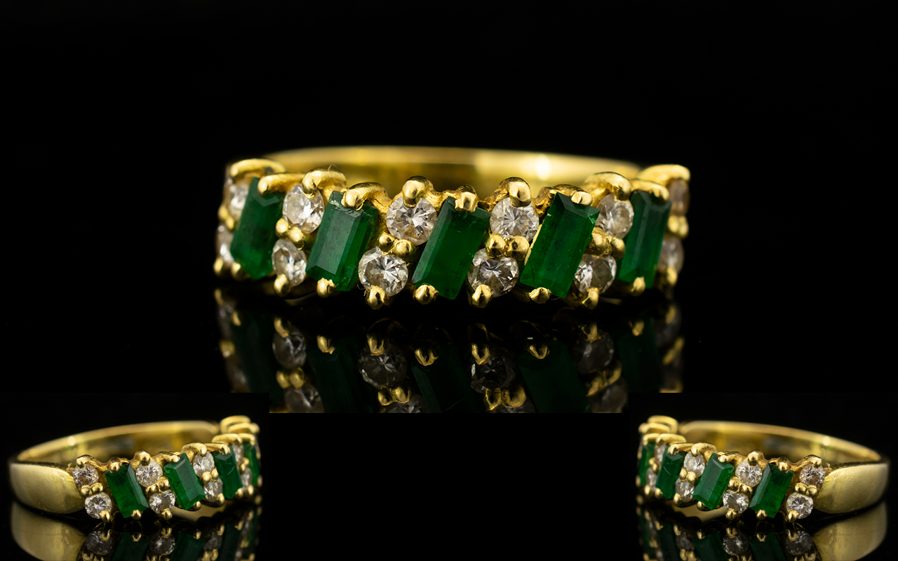 18ct Gold Emerald and Diamonds Set Dress Ring - of attractive form and nice design.