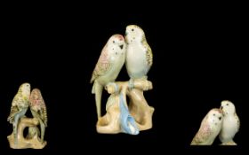 Royal Dux Hand Painted Porcelain Bird Figure - Pair of Budgerigars on a Branch. c.1940 / 1950's.