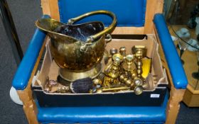 A Collection Of Brass Ware including coal skuttle, fire irons, various candle sticks, etc.