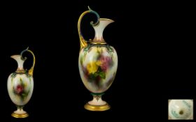 Royal Worcester James Hadley Hand Painted - Urn Shaped Jug / Pitcher ' Roses ' Still Life.