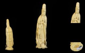 Japanese - Fine Quality and Signed Carved Ivory Figurine ' Okimono ' of A Female Deity,