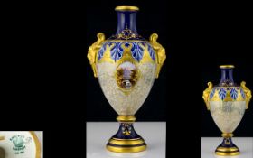 Coalport Fine Quality Twin Mask Handle Vase of Small Proportions. c.1890.
