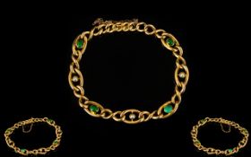 Antique Period - Attractive 15ct Gold - Turquoise and Seed Pearl Bracelet with Attached 9ct Gold