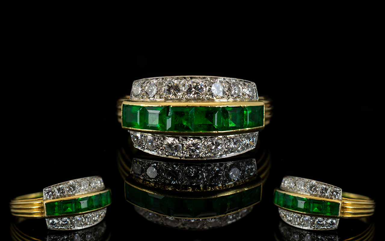 Ladies - Superb Quality 18ct Gold and Platinum Emerald and Diamond Set Dress Ring, From The 1950's