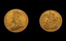 Queen Victoria - Superb Old Head 22ct Gold Full Sovereign - Date 1899. Sydney Mint & High Grade E.F.