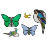A Collection Of Leaded Stained Glass Pieces Eight items in total to include large parrot,