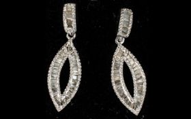 Diamond Marquise Shape Drop Earrings, open marquise shaped drops, set with baguette cut diamonds,