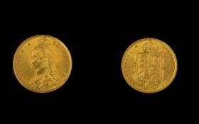 Queen Victoria 22ct Gold Jubilee Head / Shield Back Half Sovereign - Date 1887.