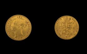 Queen Victoria 22ct Gold Young Head Shield Back Half Sovereign - dated 1885, London mint,