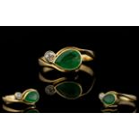 Antique Period 18ct Gold Snake Eye Emerald And Diamond Dress Ring The whole of attractive form,