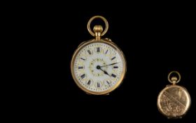 Ladies 1920's - Attractive Ornate 14ct Gold Open Faced Fob Watch with Fancy Painted Dial From The