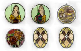 A Small Collection Of Stained And Leaded Glass To include two oval panels 14 1/2 x 9 inches,