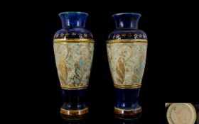 Royal Doulton Fine Pair of Faience Vases, Decorated In The Chine Technique of Tapered Form, Pleasing