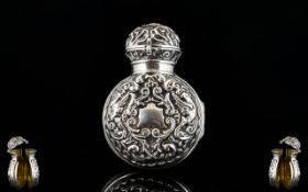 Victorian Period - Fine Quality Silver Gilt Lined Very Ornate Embossed Scent Bottle Holder / Case