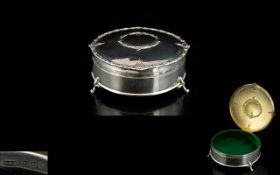 Edwardian Period Superb Quality Silver Lidded Circular Ornate Ladies Ring Box with Velvet Interior.