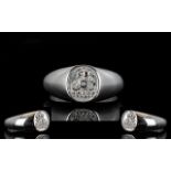 Platinum Signet Ring Raised crest to front set with single diamond, fully hallmarked, ring size,