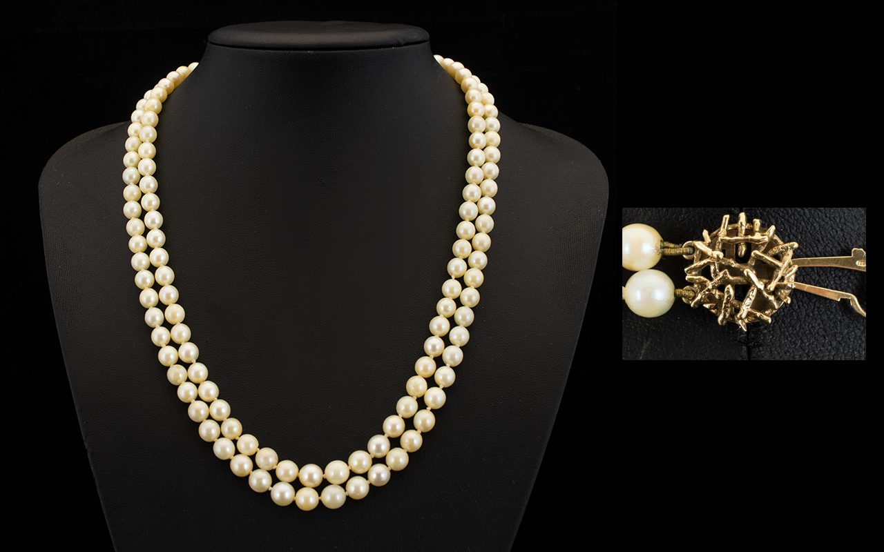 Ladies Wonderful Quality Double Strand Cultured Pearl Necklace With A 9ct Gold Clasp From the