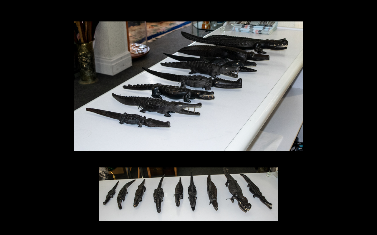 19th Century Congo Hand Carved Crocodiles Eight In Total. Ebony Wood. Various Sizes.