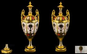 Royal Crown Derby Hand Painted Pair of Old Imari - 22ct Solid Gold Band Twin Handle Urn Shaped