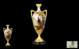 Royal Worcester - Attractive Hadleys Hand Painted Twin Handle Urn Shaped Vase of Pleasing