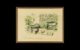 A Mid 20th Century French Etching With Watercolour Highlighting On Paper By Janicotte 'Paris Notre