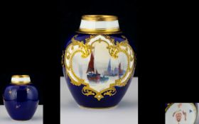 Royal Crown Derby Fine Quality - Small Hand Painted Ships Vase of Globular Shape. c.1900. Height 3.