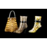 A Collection of Decorative Glassware in the shape of a Large Handbag and Two (2) Boots.