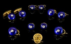 A Complete 18ct Yellow Gold Diamond And Enamel Gentleman's Dress Set Comprising a pair of cufflinks,