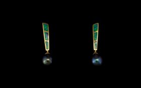 14ct Gold Black Pearl And Opal Drop Earrings Geometric form drop earrings comprising stylised 14ct