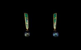 14ct Gold Black Pearl And Opal Drop Earr