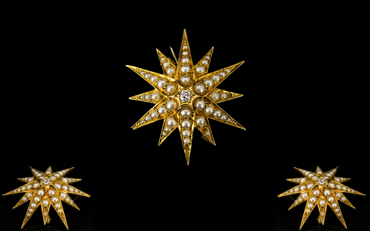Antique - 18ct Gold Starburst Diamond an