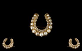 Victorian Period - Superb Quality 18ct Gold Horseshoe Brooch Set with Diamonds & Pearls.