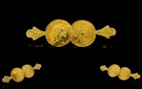 George I 22ct Gold Quarter Guinea Brooch Antique brooch comprising two high carat coins mounted with