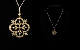 Antique Period - Attractive and Ornate 9ct Gold Pendant Set with Seed Pearls with Attached 9ct