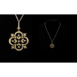 Antique Period - Attractive and Ornate 9ct Gold Pendant Set with Seed Pearls with Attached 9ct