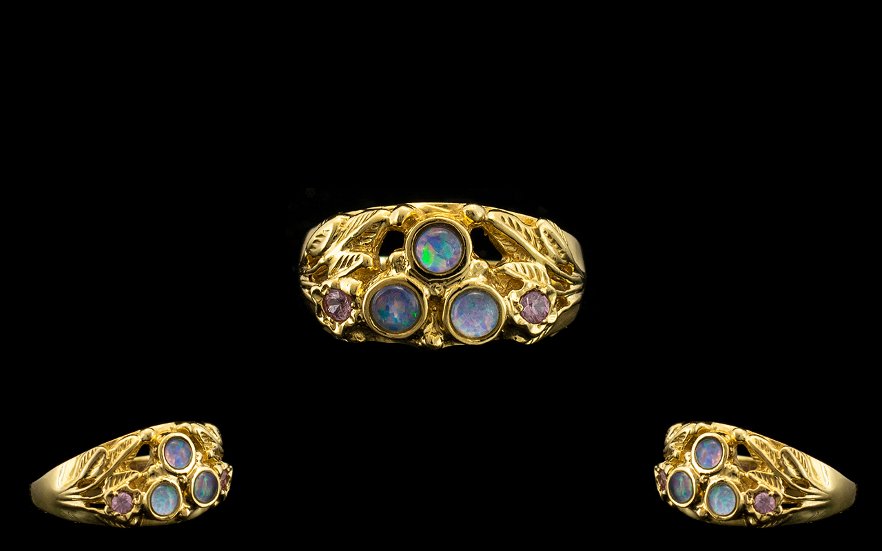 Antique Period Attractive 14ct Opal and Pink Sapphire Set Dress Ring - the 3 pavee opals of - Image 3 of 3