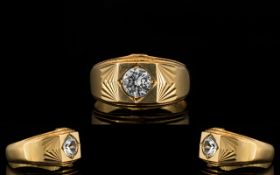 A Solid 9ct Gold - Gents Single Stone Set Ring of Pleasing Design and Form.